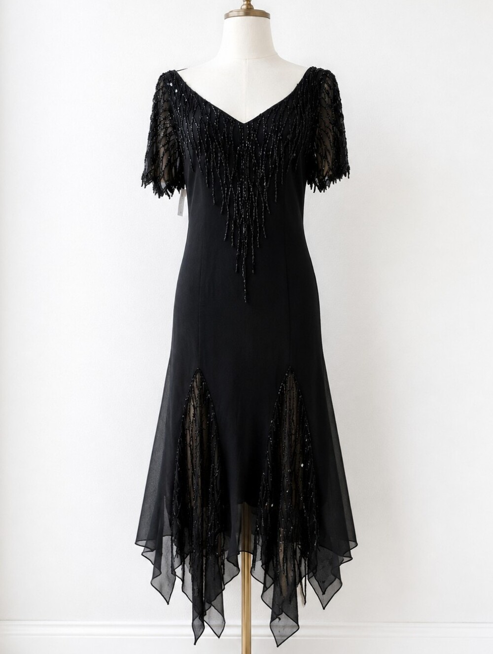 J Kara Y2K Black Beaded Whimsigoth Fairy Goth Handkerchief Hem Dress 12 NWT